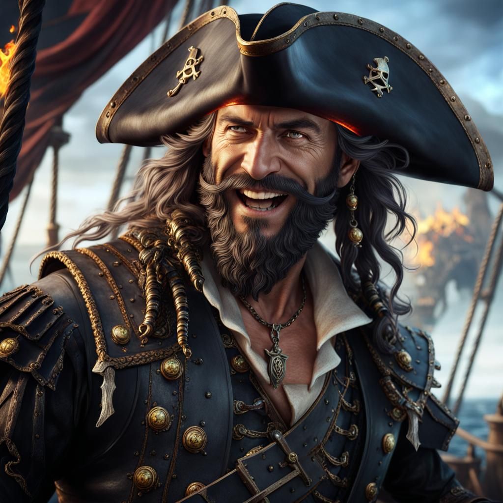 Menacing Pirate Lord in Burning Ship Scene