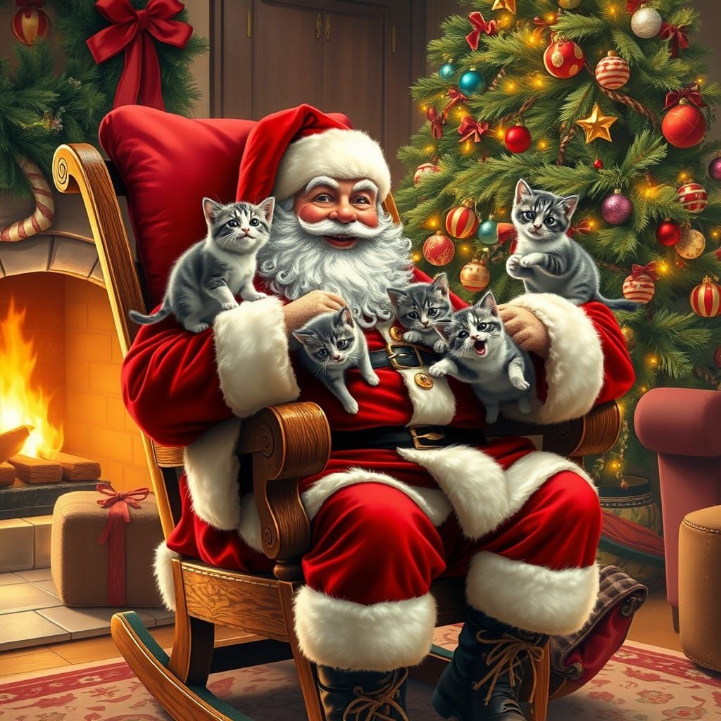 Jolly Santa in Festive Christmas Scene with Playful Kittens