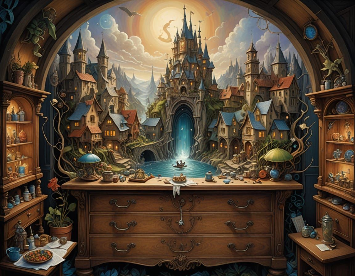 Whimsical Fantasy Realm Behind the Dresser's Open Drawer