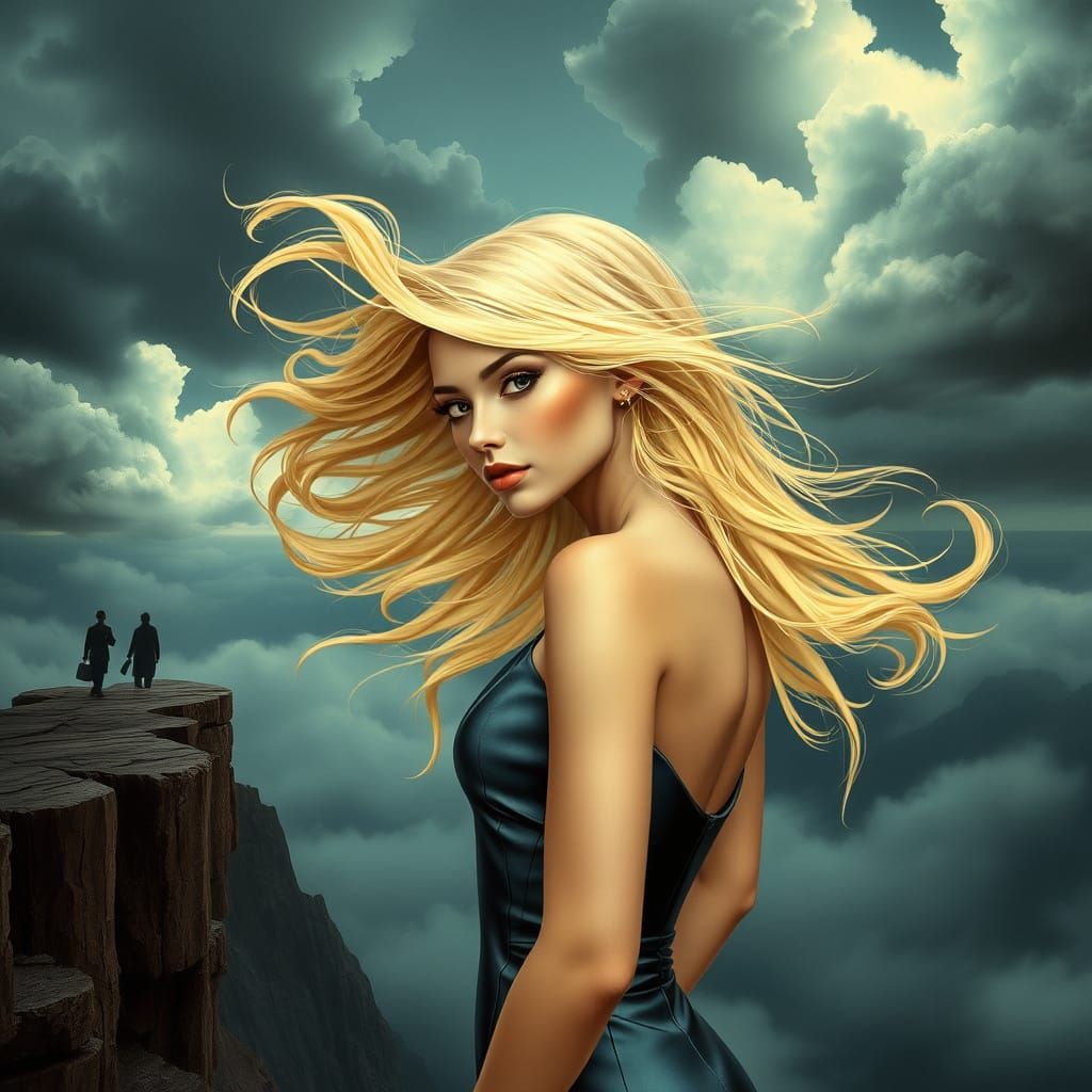 Woman Merging with Clouds on Stormy Cliff