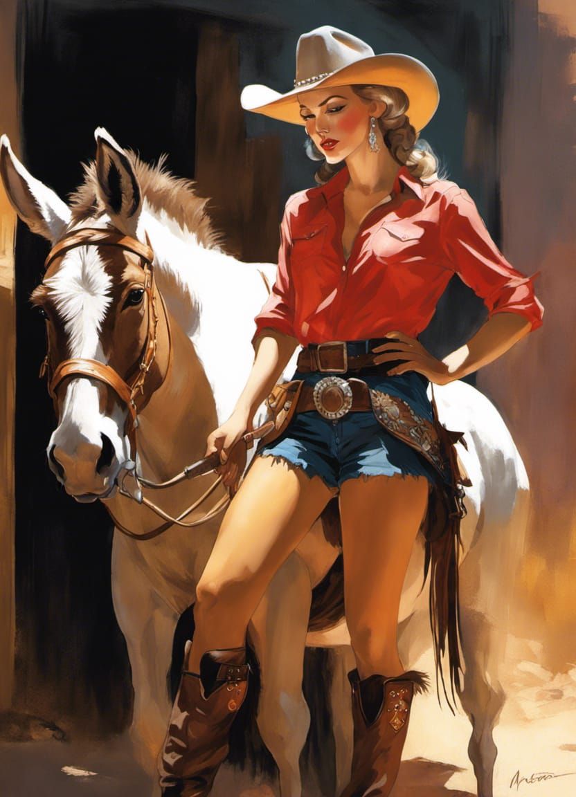 Cowgirl and Donkey in Classic Pin-Up Style