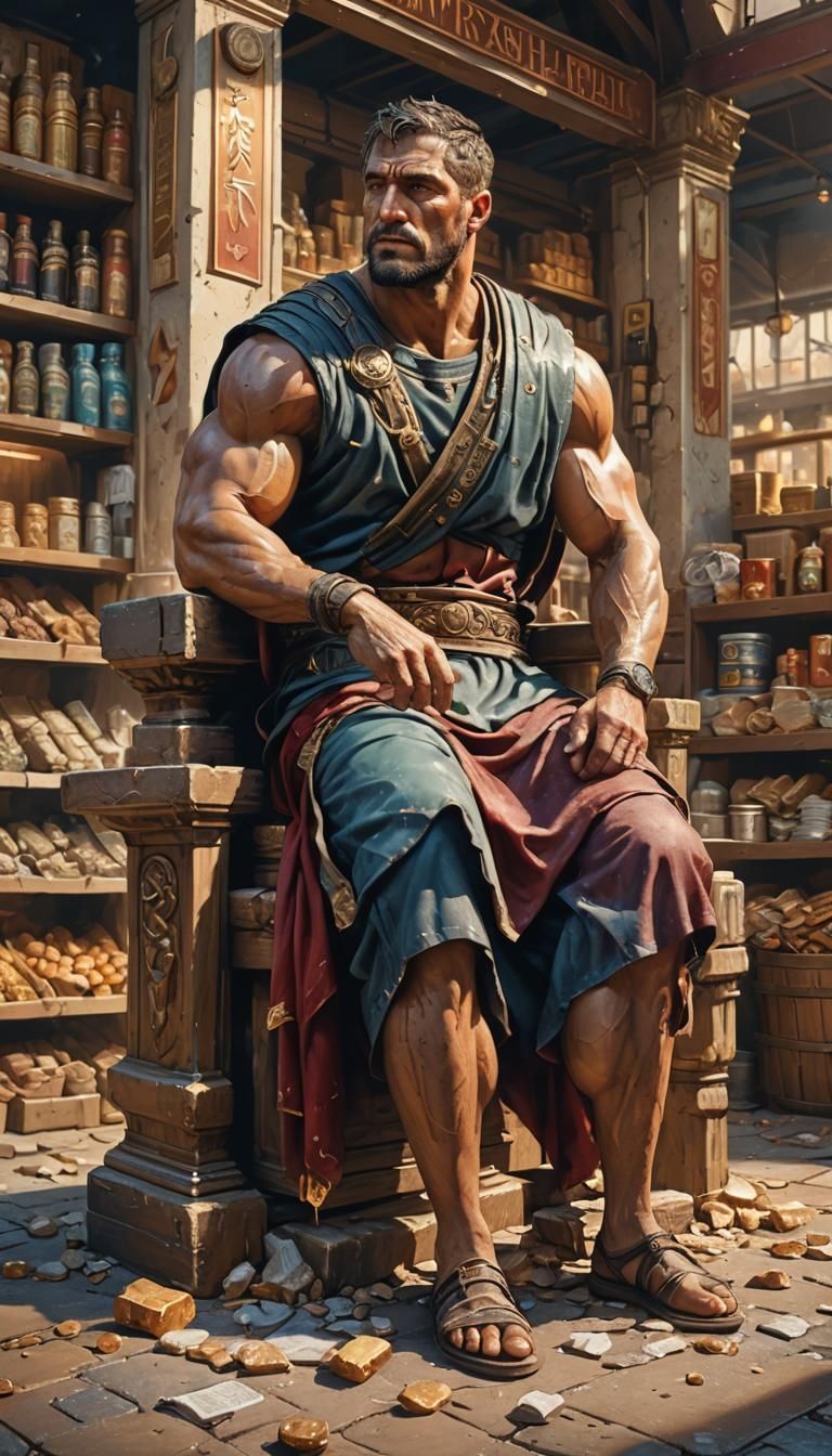 Roman Merchant Sitting in Store: Hyperrealistic Splash Art