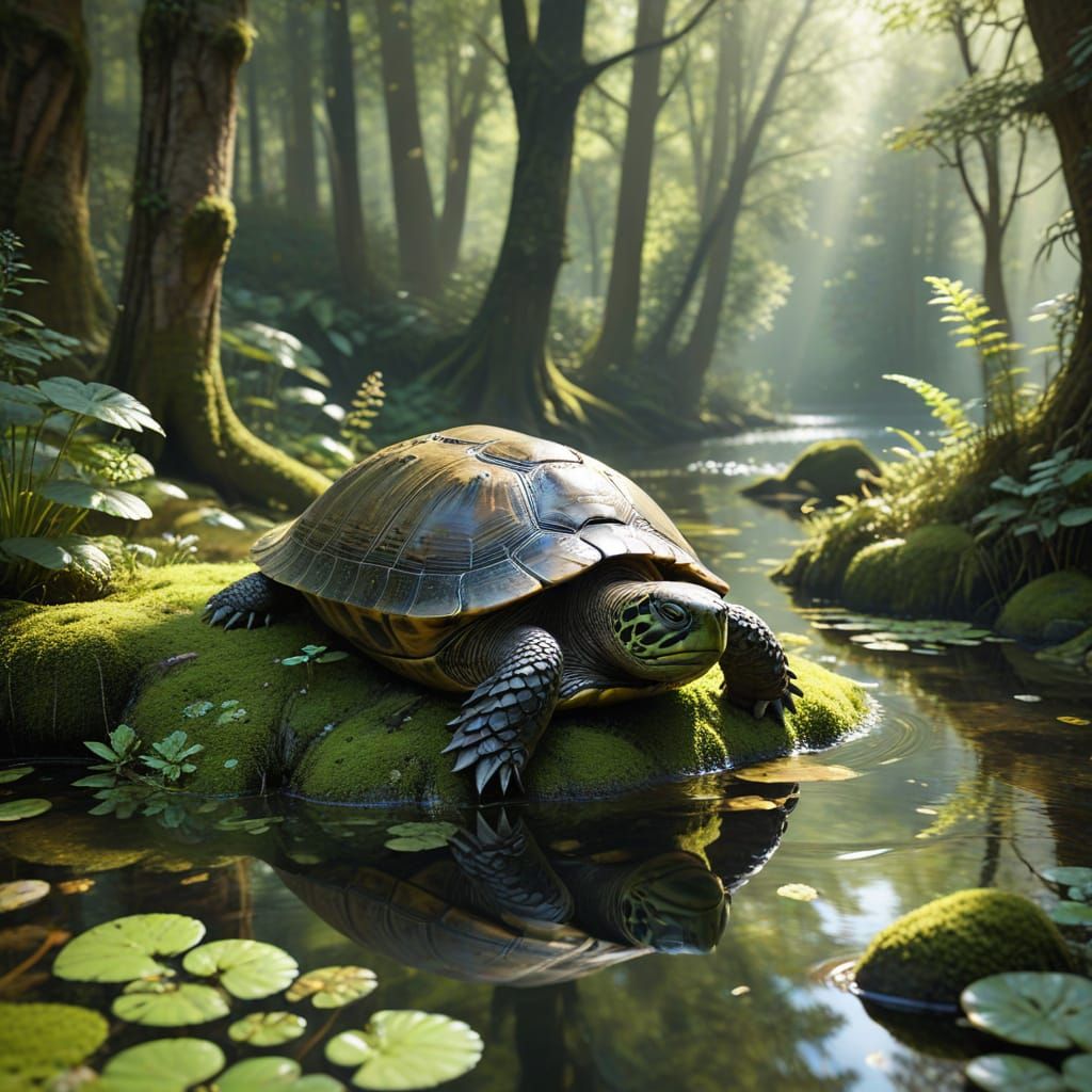 Wise Old Turtle by Serene Forest Pond: Splash Art