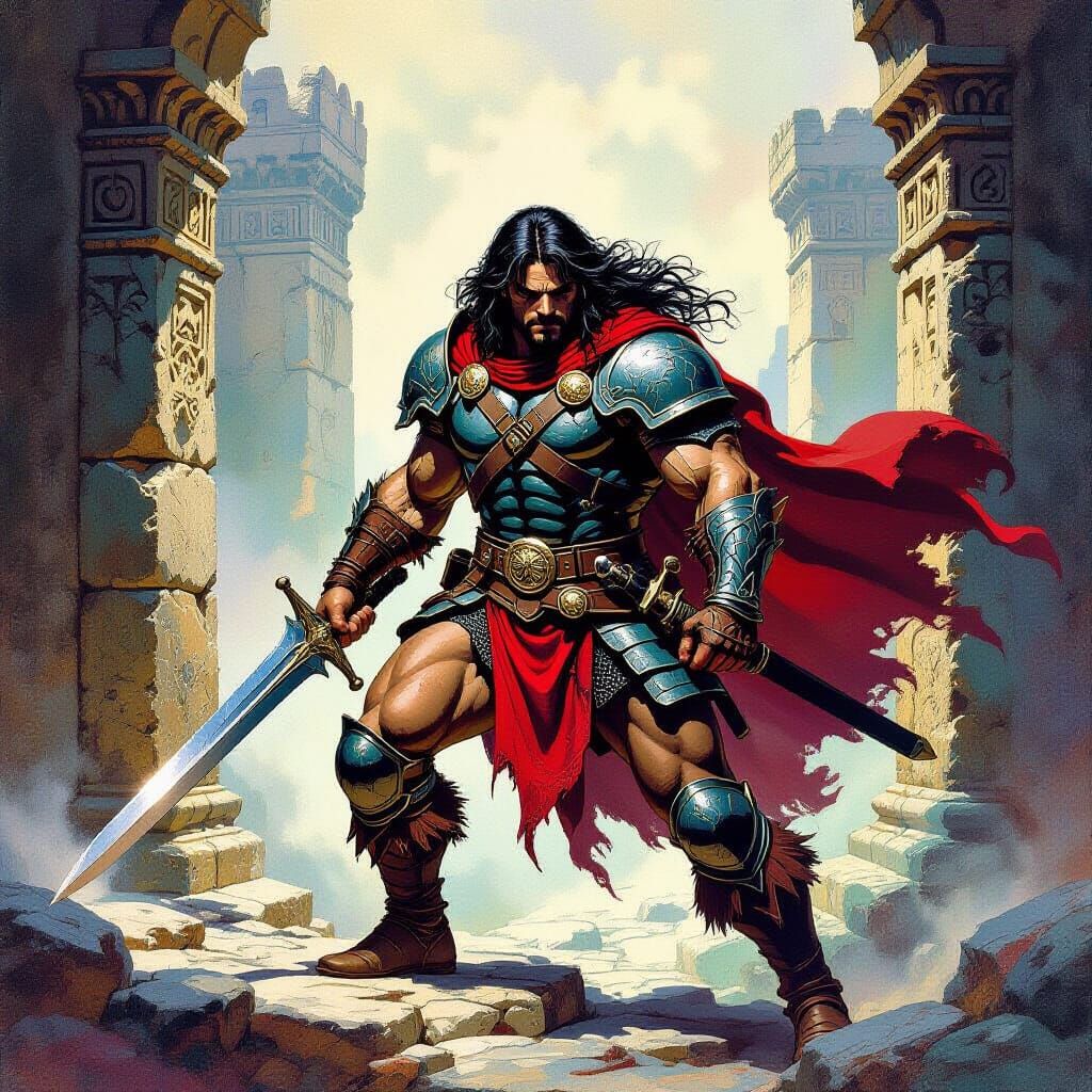 Heroic Warrior Exploring Ruins in Comic Book Style