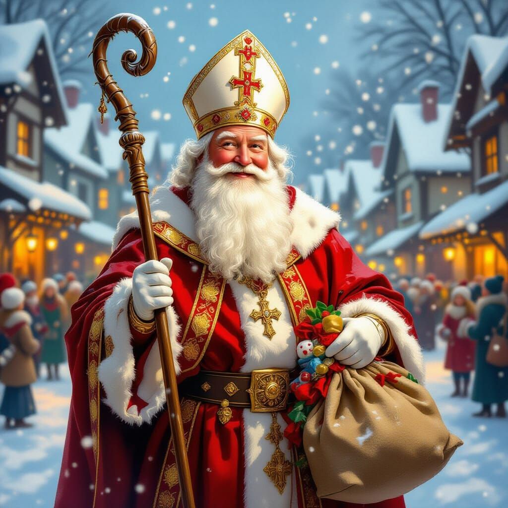Saint Nicholas in a Snowy Village Square