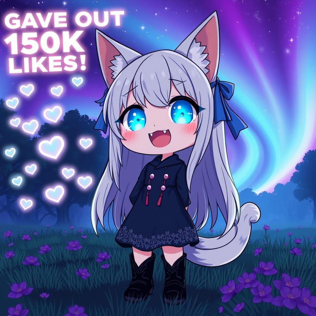 Anime Catgirl Sends Glowing Likes in Synthwave Style