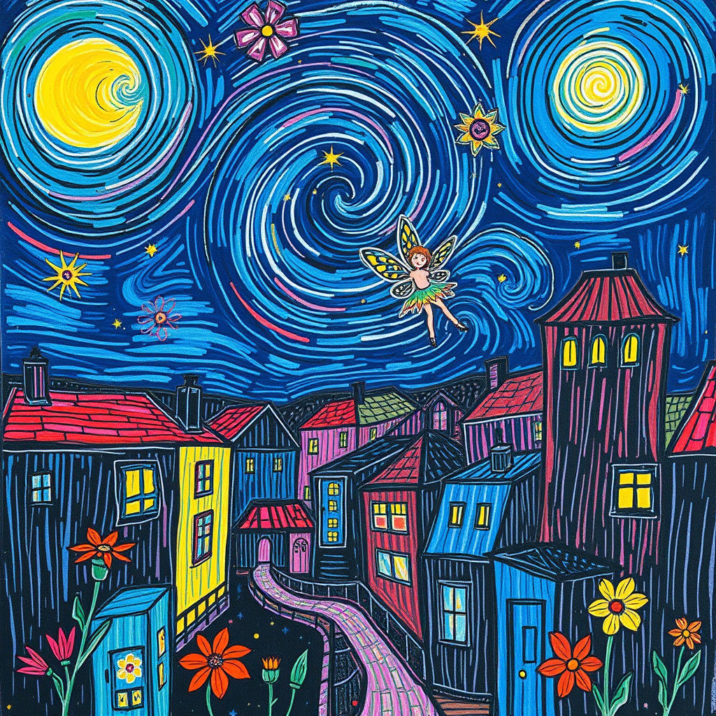 Whimsical Cosmic Cityscape in Crayon-Drawn Style