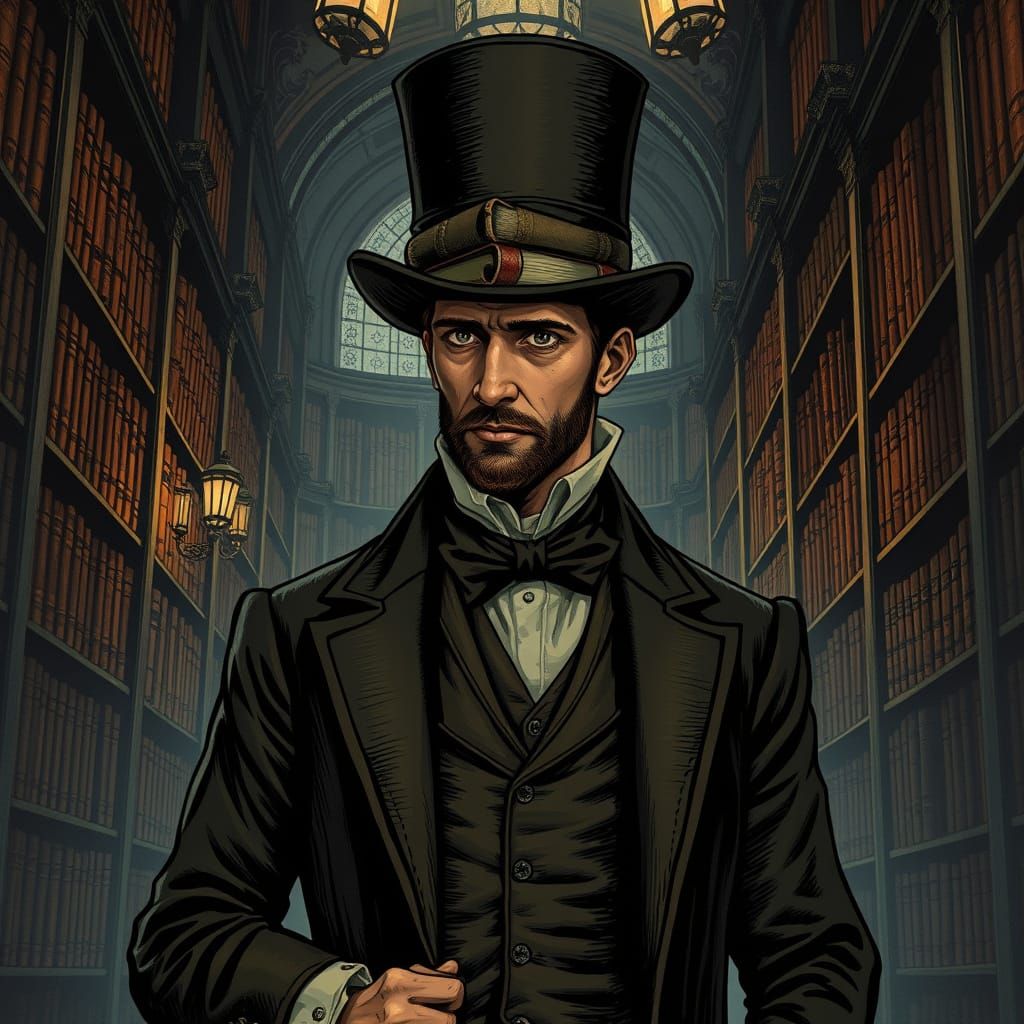 A sophisticated gentleman in Victorian attire, in a library