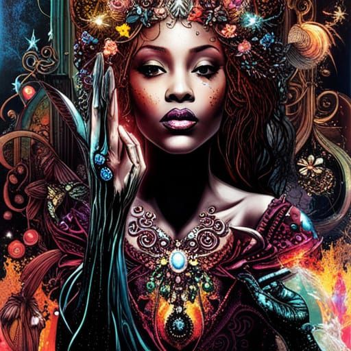 Dark Skinned Fey Woman in Maximalist Style