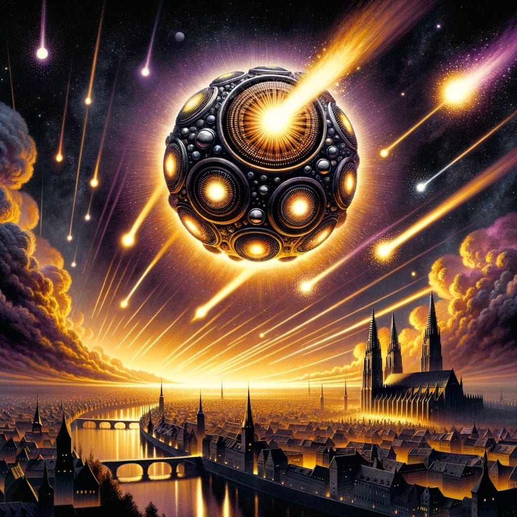 Celestial Event: Metallic Orbs in a Dark Fantasy Sky