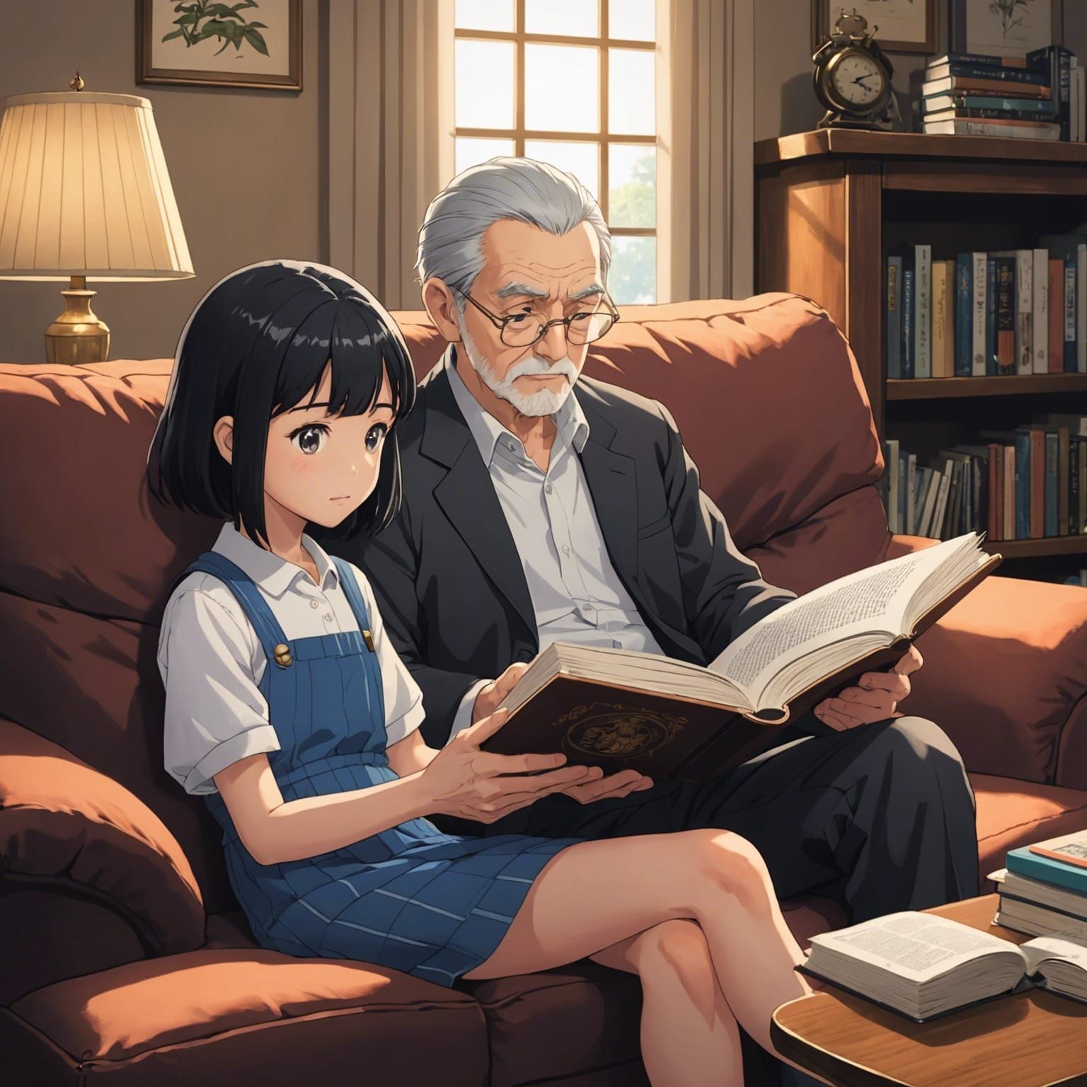 Grandfather Reading to Granddaughter in Anime Style