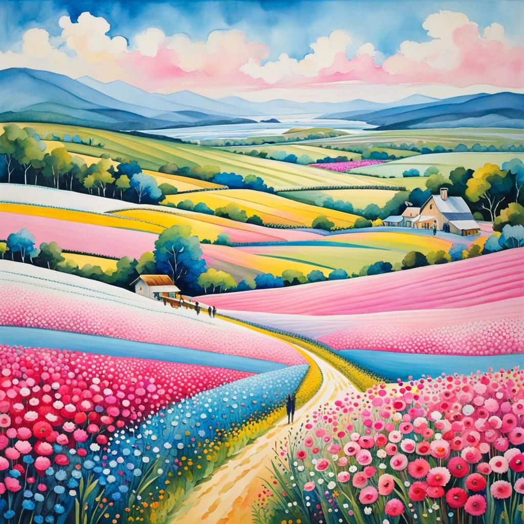 Vibrant Picnic in Flower Field: Abstract Watercolor Art