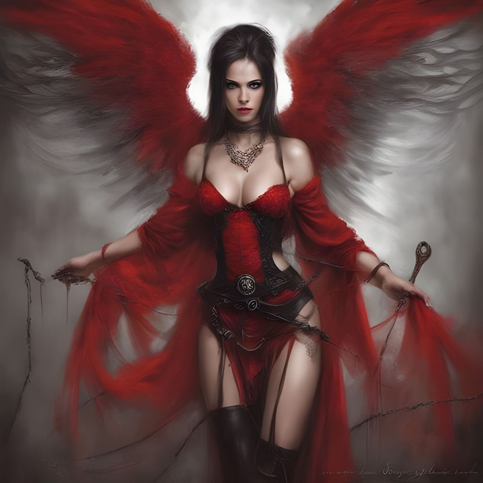 Beautiful Dark Angel in Red Lingerie