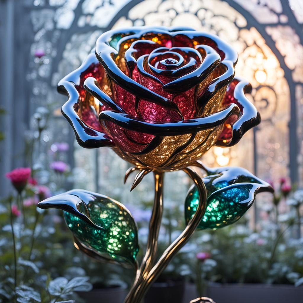 Glass Rose Sculpture with Glittering Fairies