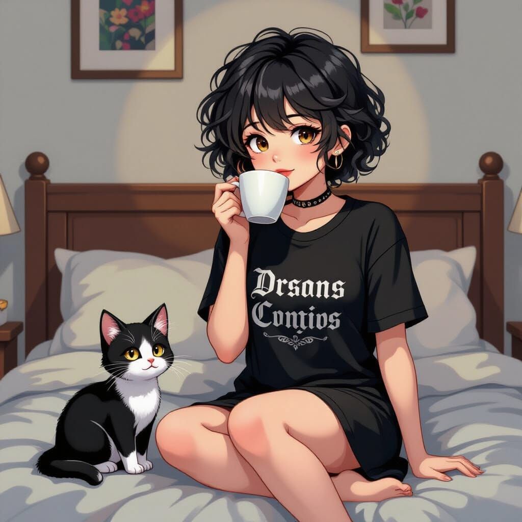Emo Woman with Kitten Drinks Coffee in Anime Style