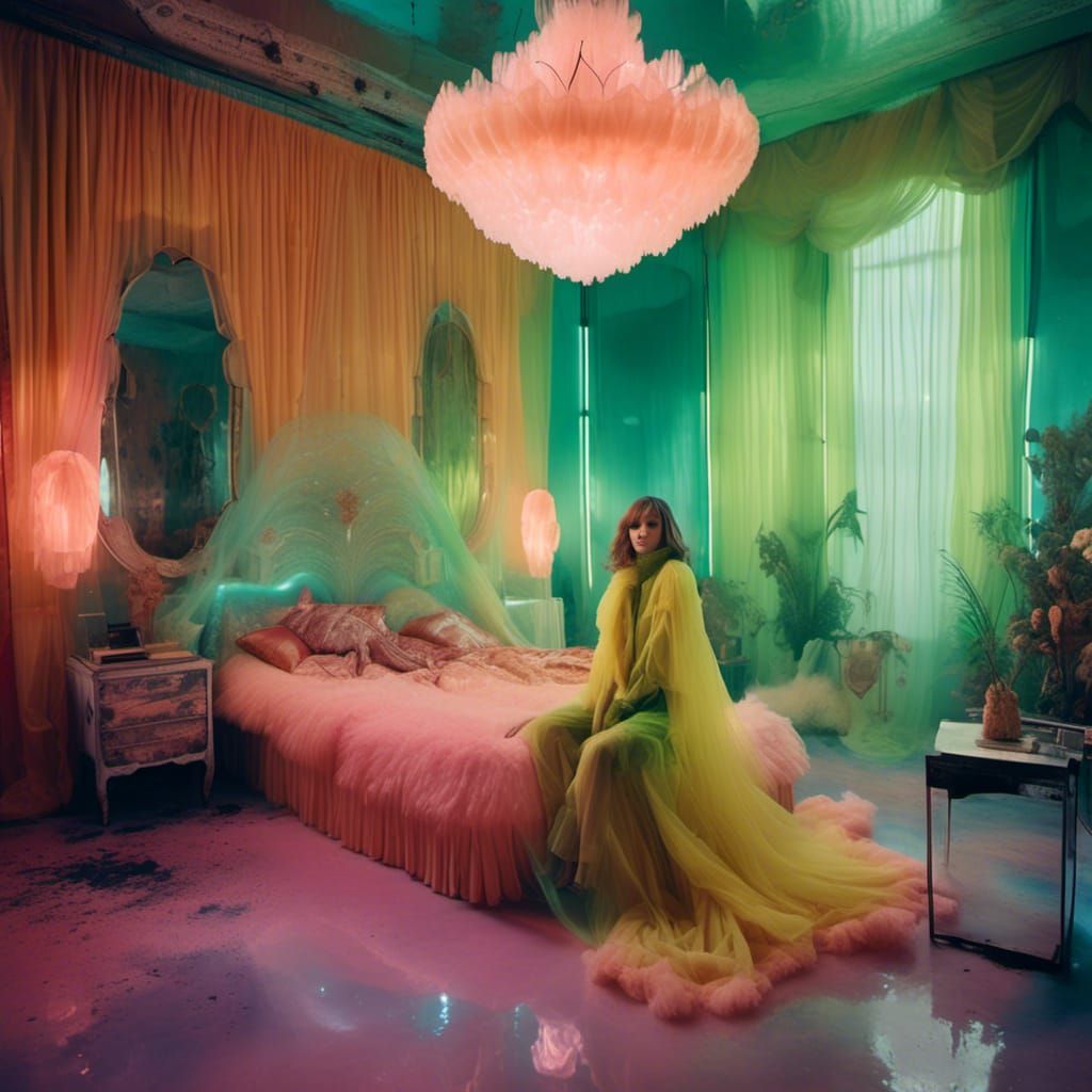 Retro-Futuristic Bedroom with Woman in Poncho