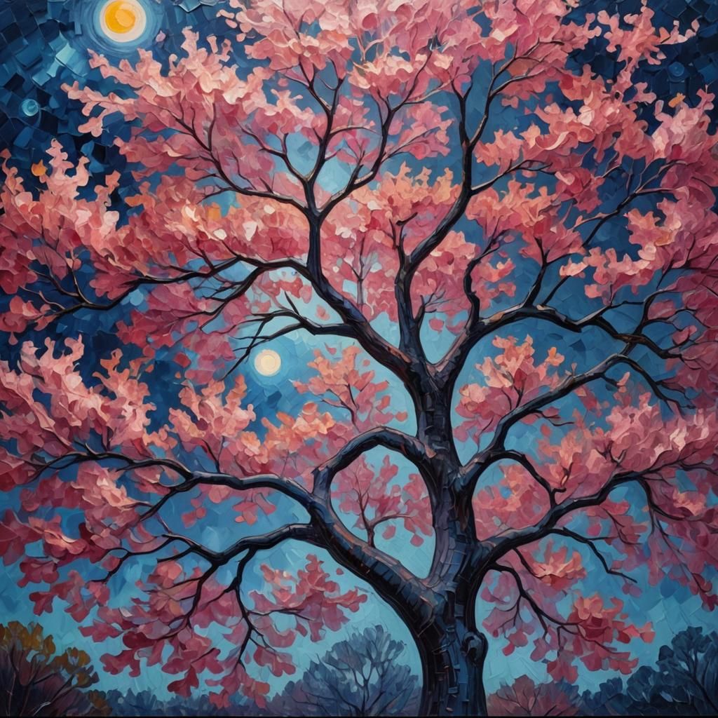 Pink Tree Under Blue Moon in Impasto Oil Painting