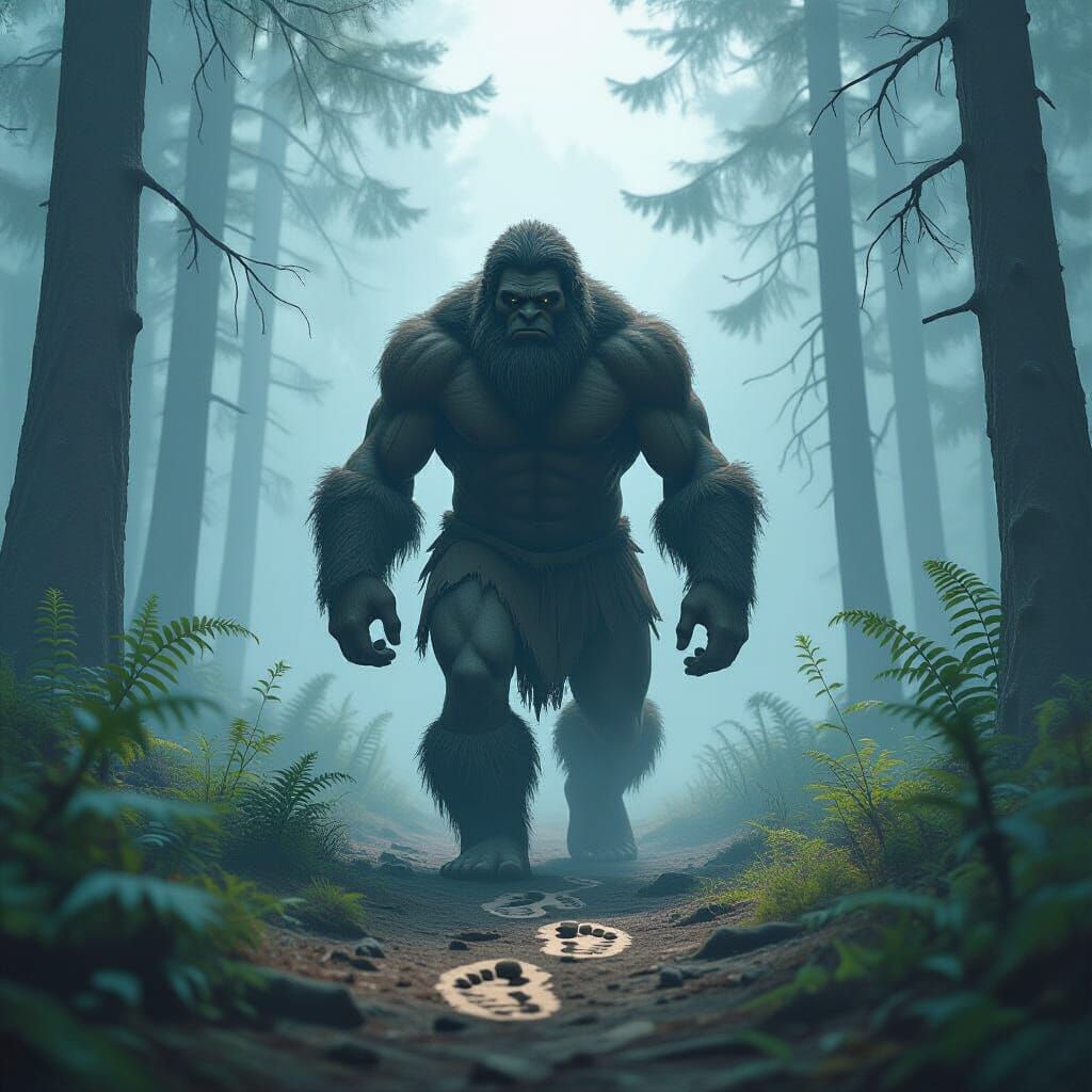 Bigfoot Tracks Human Footprints in Misty Forest