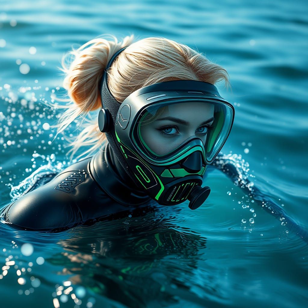 Cyberpunk Girl in Diving Mask by the Sea