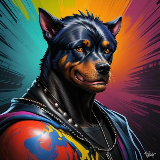 Anthropomorphic Rottweiler Portrait in Urban Graffiti Style