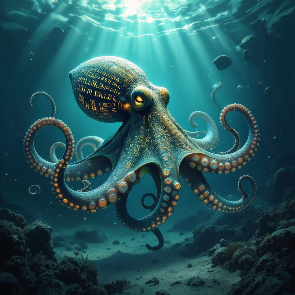Bioluminescent Octopus in Alien Ocean Depths