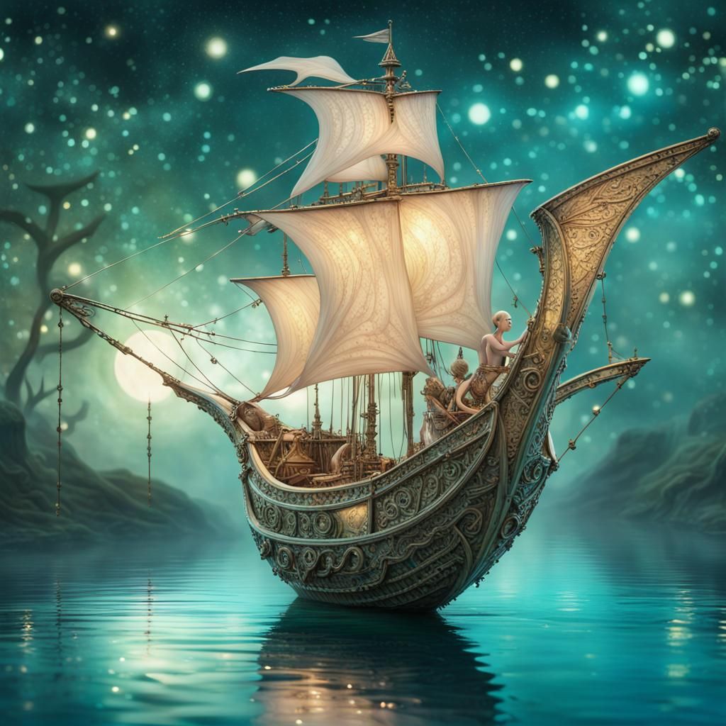 Steampunk Fairy Boat Over Luminous Lagoon