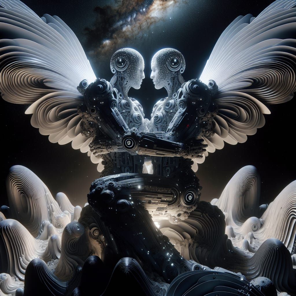 Cyborg Angels Embrace in Futuristic Sci-Fi Scene