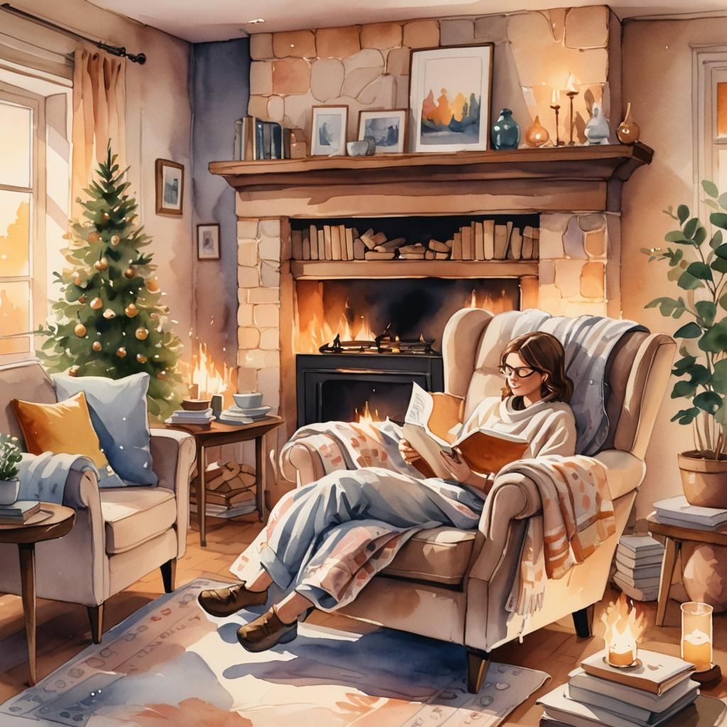 Cozy Living Room Scene in Watercolor Style