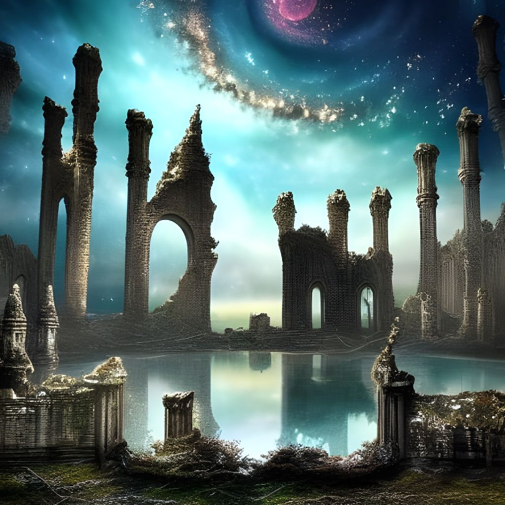 Gothic Ruins Reflected Under Milky Way Sky