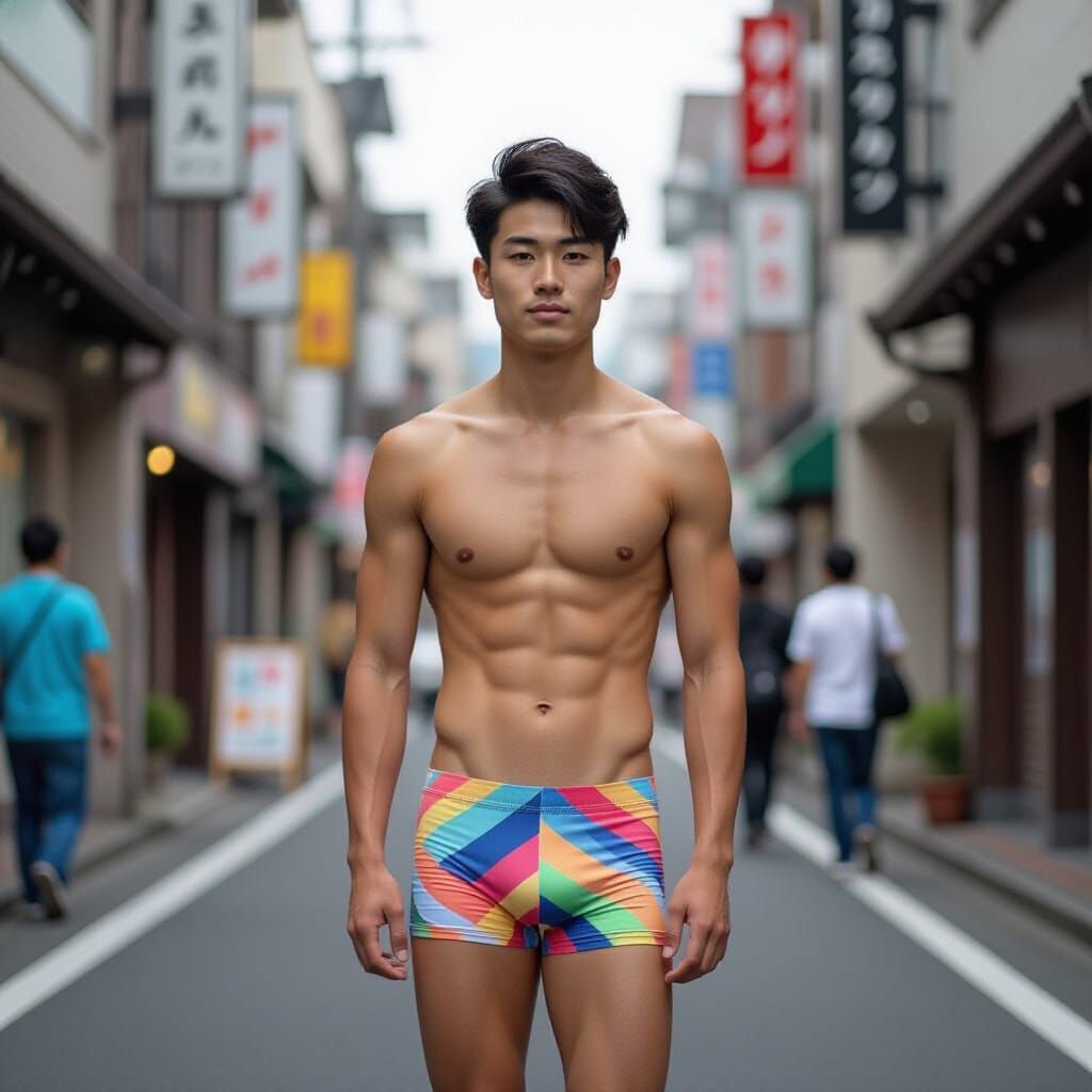 Shirtless Man in Lycra Shorts Walking in Tokyo