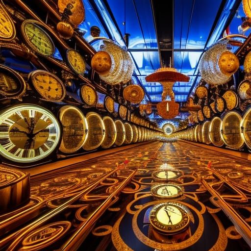 Surreal Mirrored Clock Maze in Salvador Dali Style