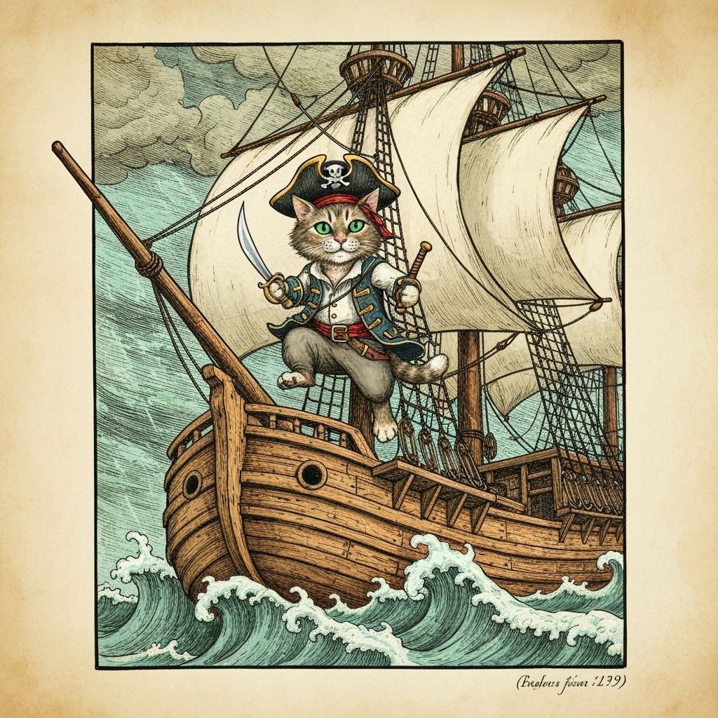 Pirate Cat on Galeon in Medieval Manuscript Style
