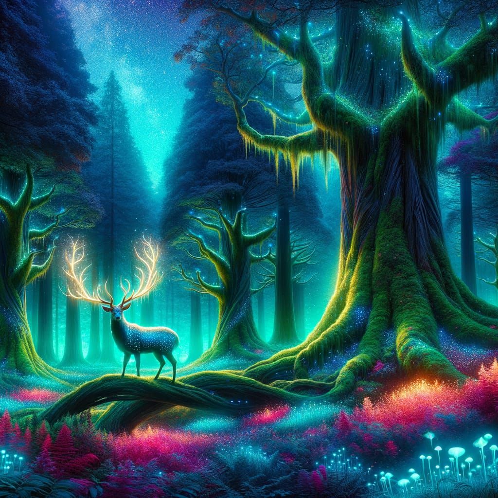 Enchanted Stag in Luminous Forest, Surreal Illustration
