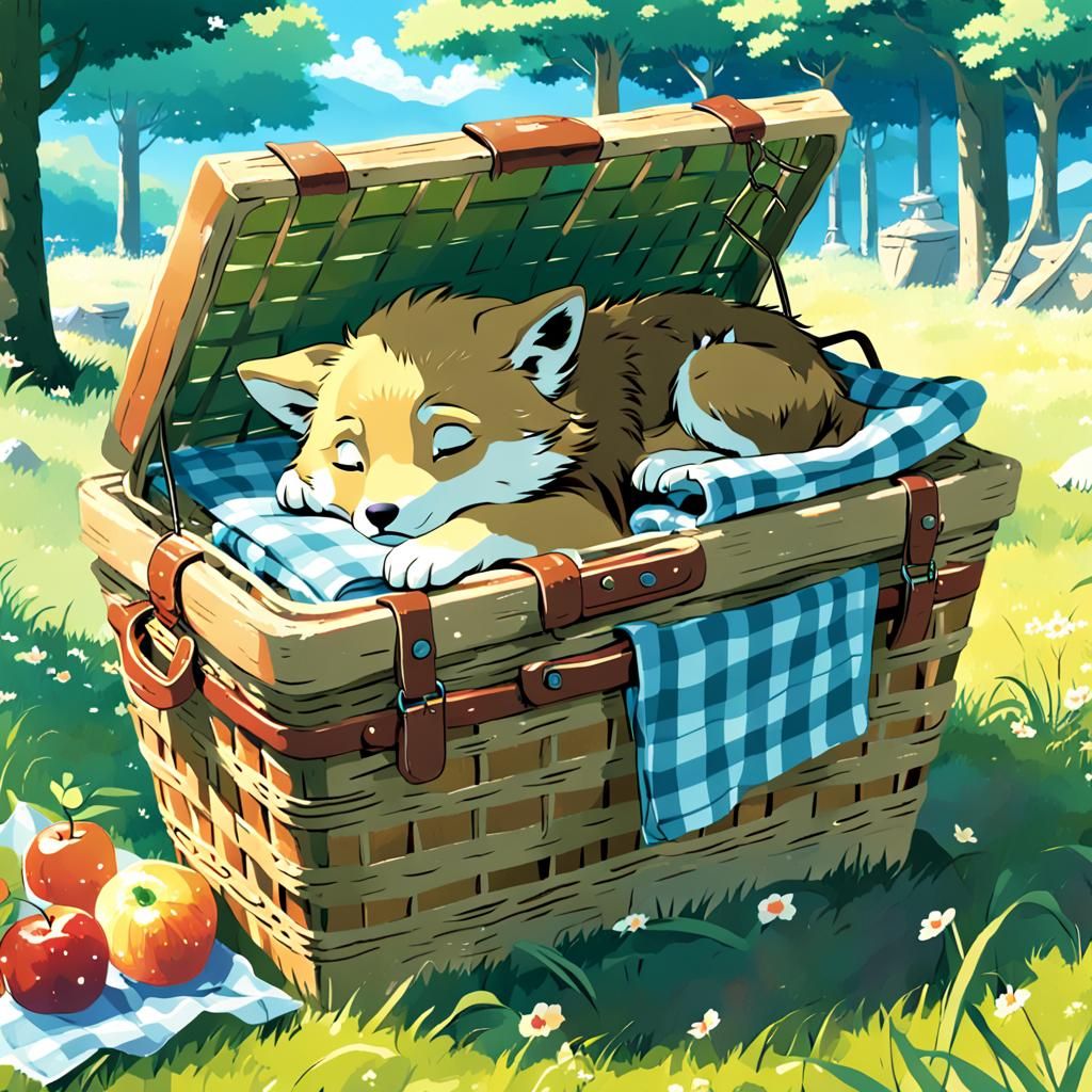 Wolf Cub Asleep in Picnic Basket: Studio Ghibli Anime