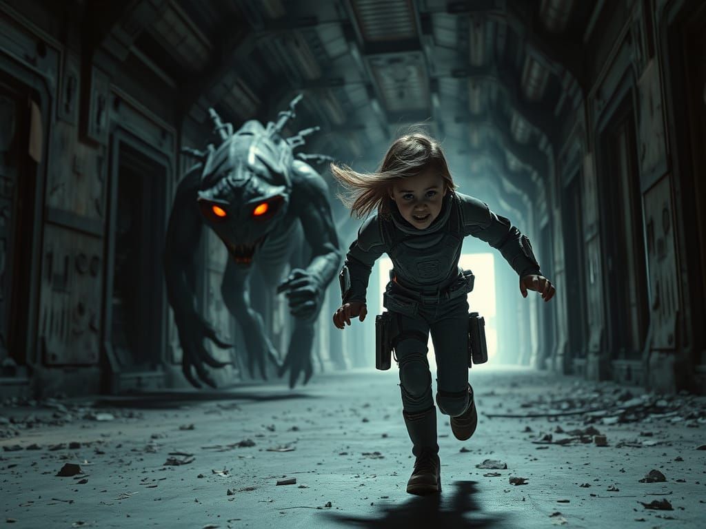 Girl in Exo-Suit Flees Monster in Dark Space Base