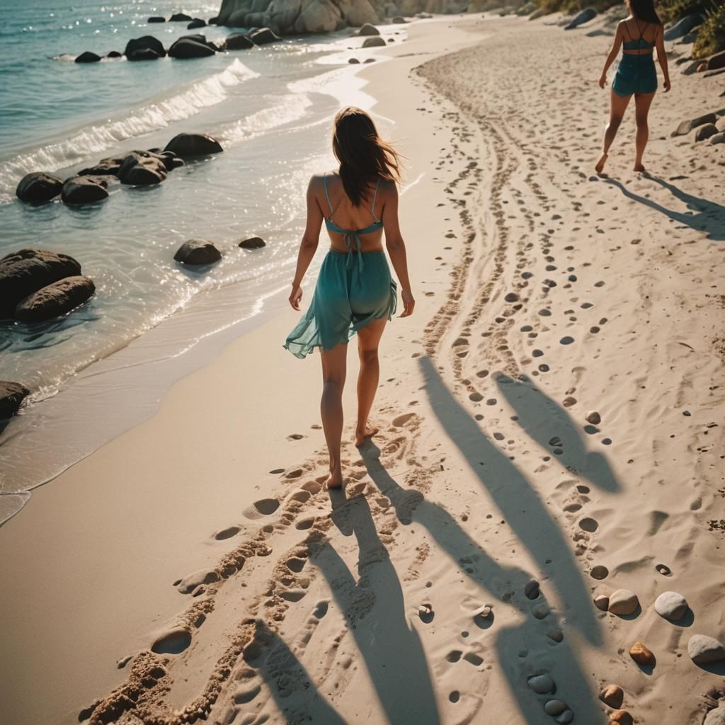 Women on Beach in Warm Cinematic Glow