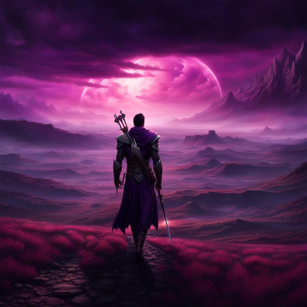 Warrior with Purple Aura in Dark Plains
