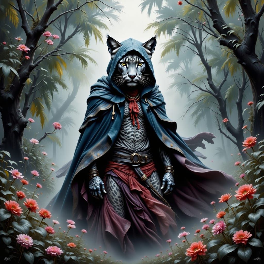 Clouded Leopard Man in Mystical Forest, Surreal Art