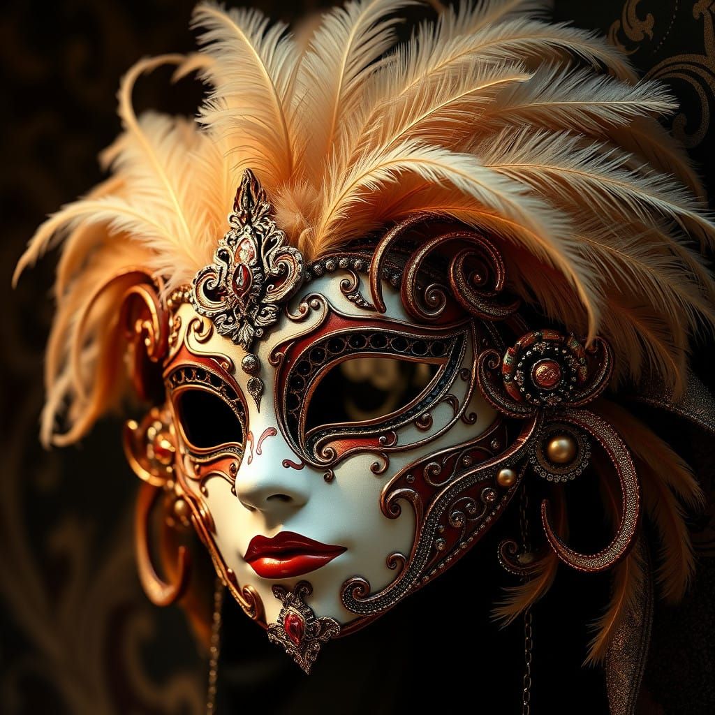 Ethereal Art Nouveau Mask with Feathers and Metallic Accents