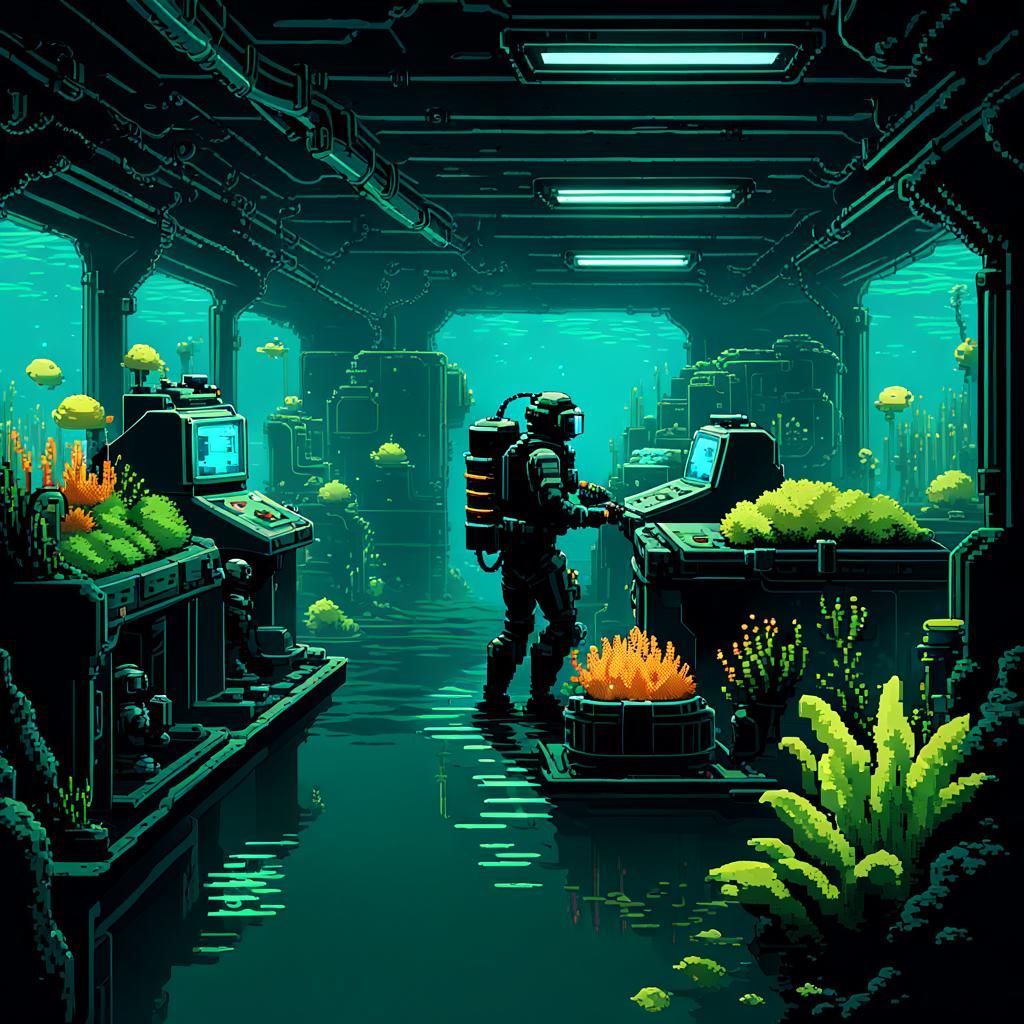 Eerie Underwater Lab: 8-bit Pixel Art Scene