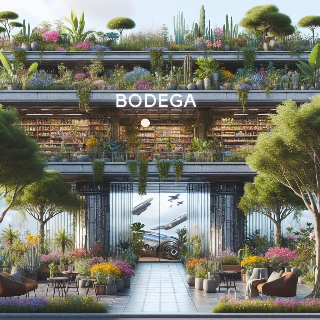 Futuristic Bodega Integrating Nature and Advanced Technology