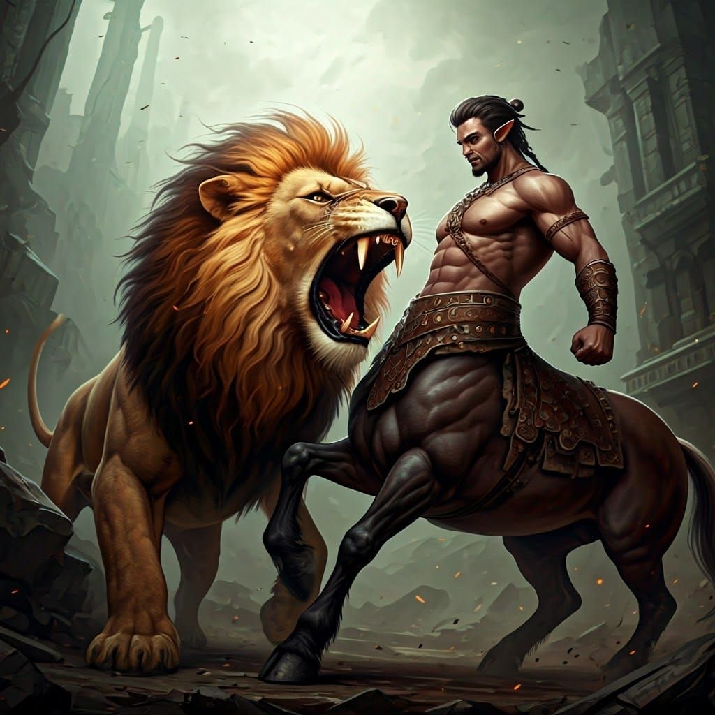 Centaur and Lion Battle in Matte Painting Style