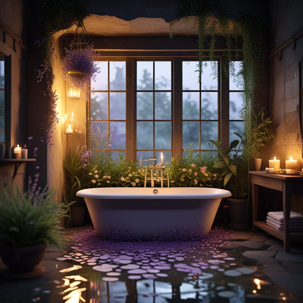 Cozy Candlelit Bath in Ancient Stone Bathroom