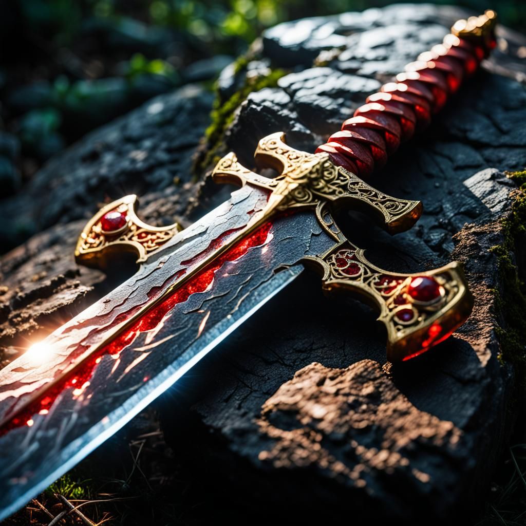 Magical glowing red sword gilded set in a magnetic stone boulder in the forest. Sun shining directly on it.