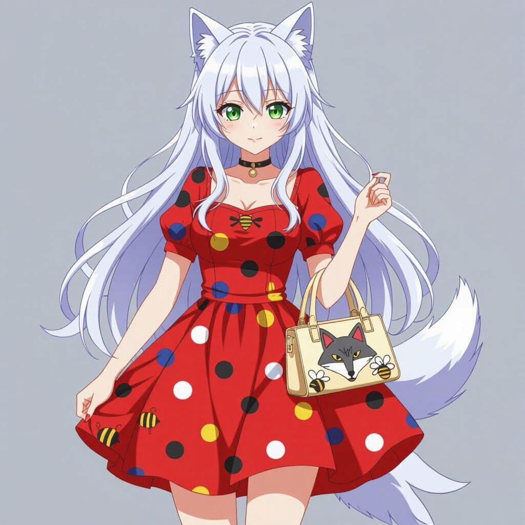 Anime Woman With Polka Dot Dress and Wolf Accents