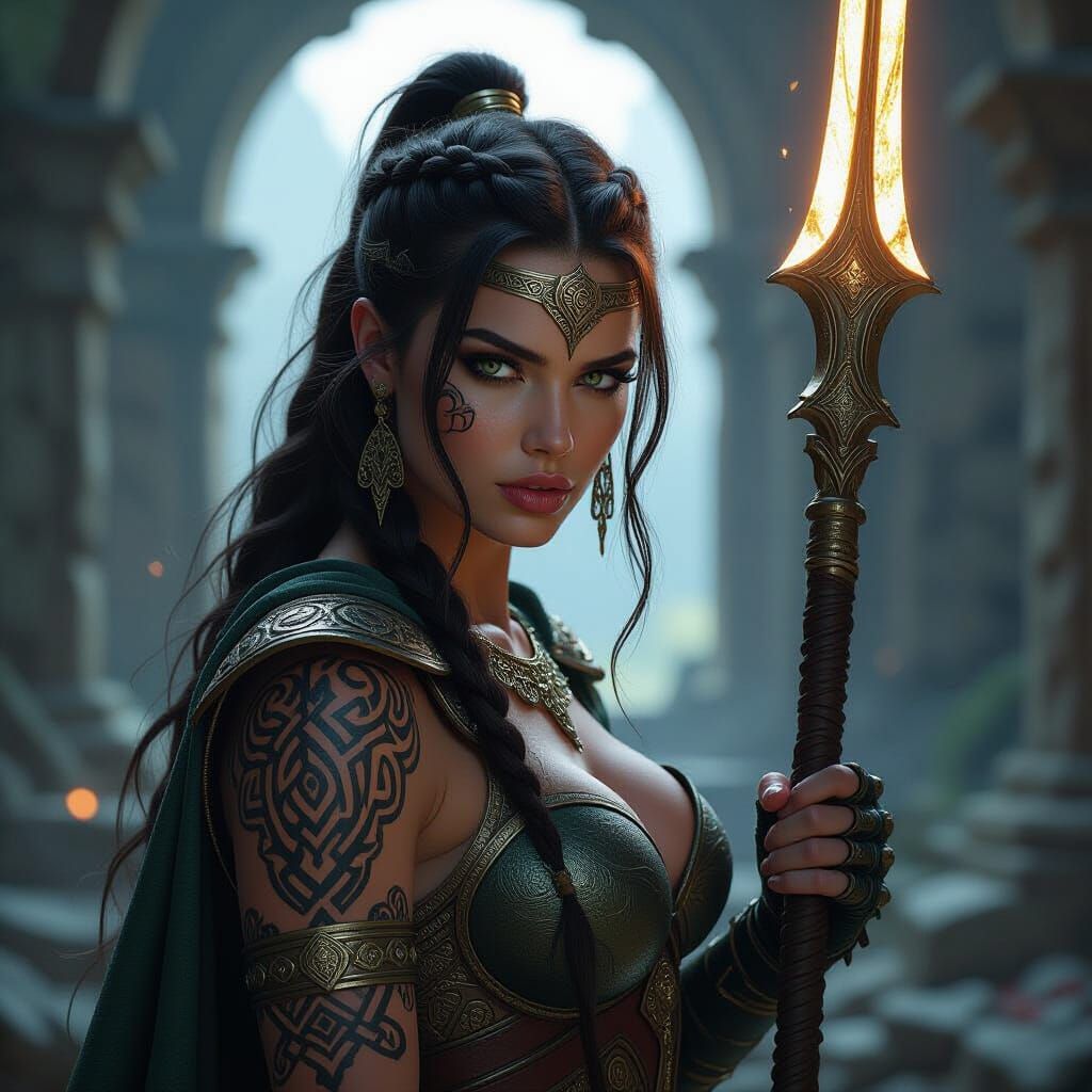 Valkyrie Warrior Guarding Ruined Temple in Digital Art