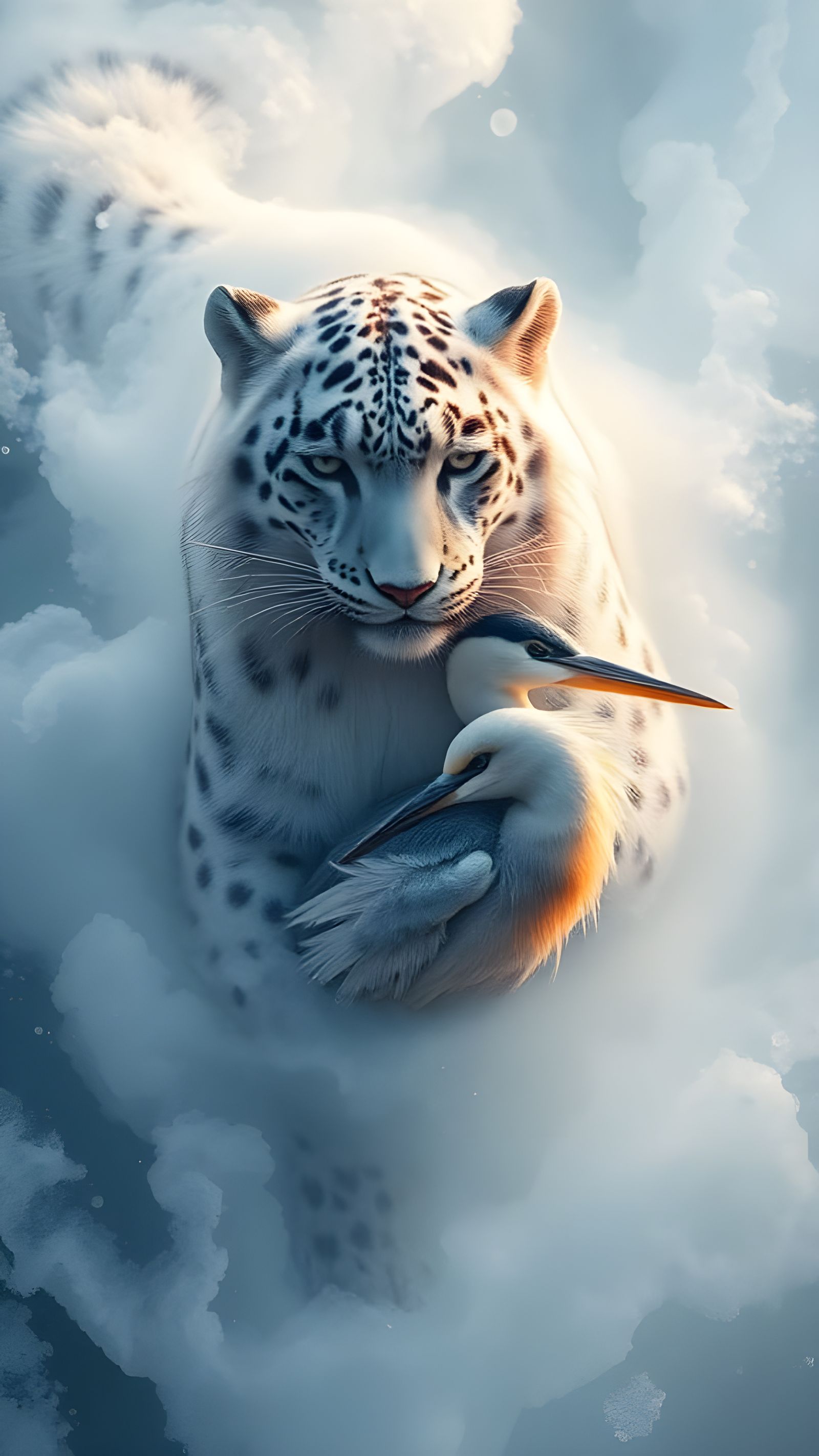 Snow Leopard and Heron in Surreal Dreamscape