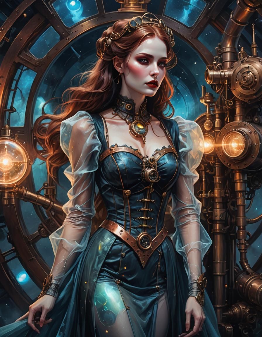 A beautiful, alluring vampire with a wooden stake through her chest. Outer space setting. Sheer, translucent gown. Eerie...