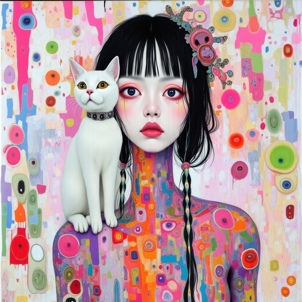 Abstract Gouache Painting of Woman with Cat