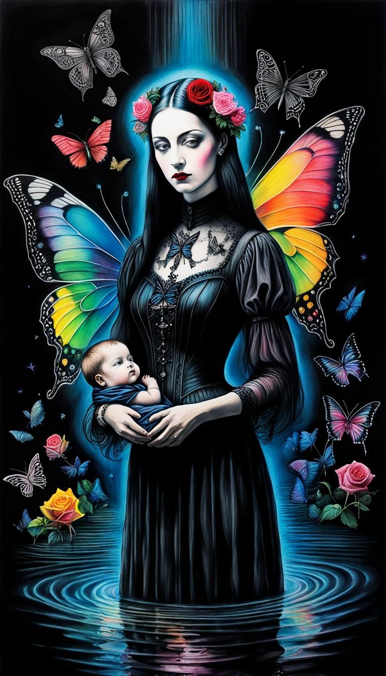 Surreal Gothic Mother and Child Crayon Drawing